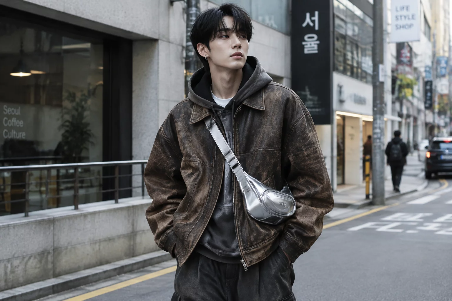 가을 레더 재킷과 메탈릭 액세서리